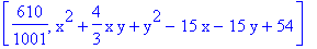 [610/1001, x^2+4/3*x*y+y^2-15*x-15*y+54]
